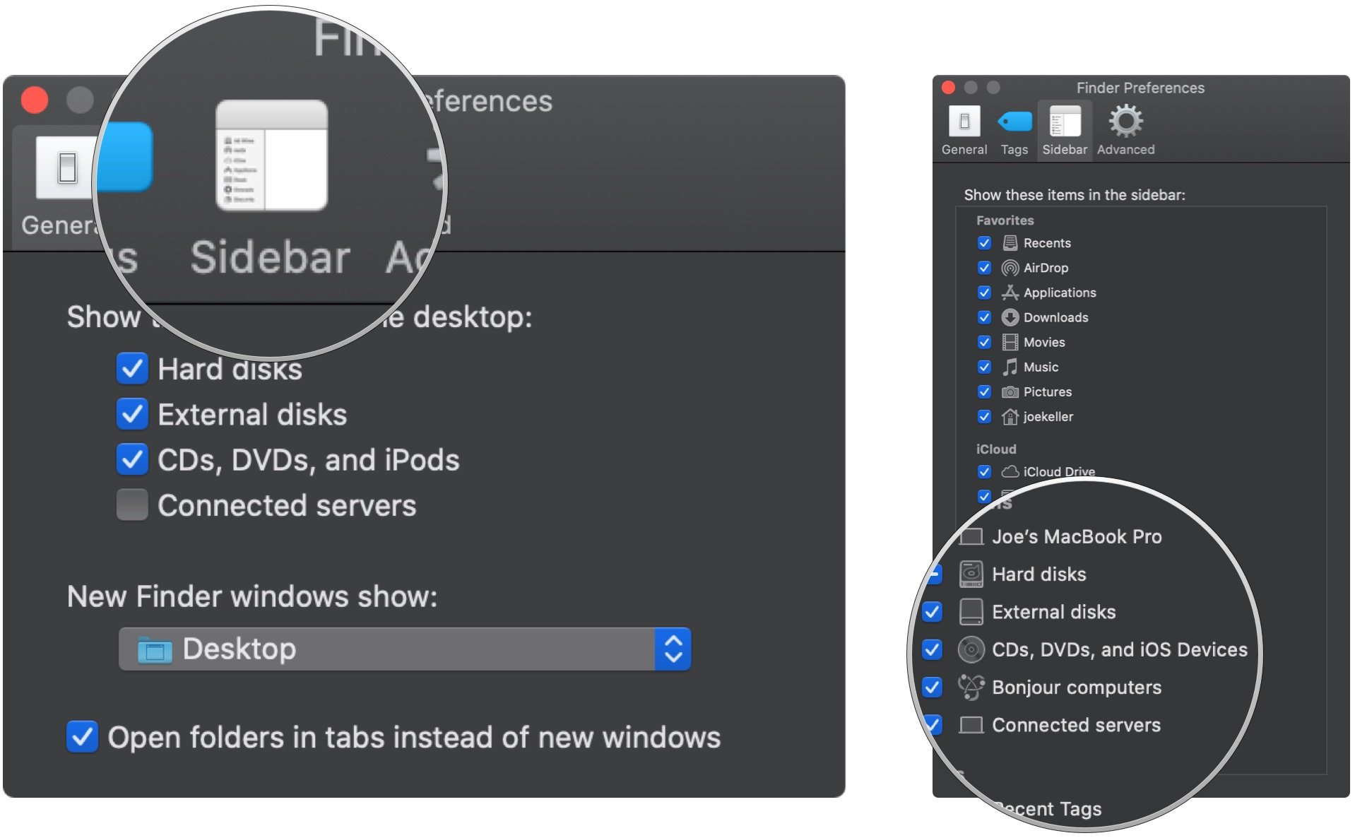 Show iPhone in Finder showing how to click the Sidebar tab, then click the CDs, DVDs, and iOS Devices checkbox