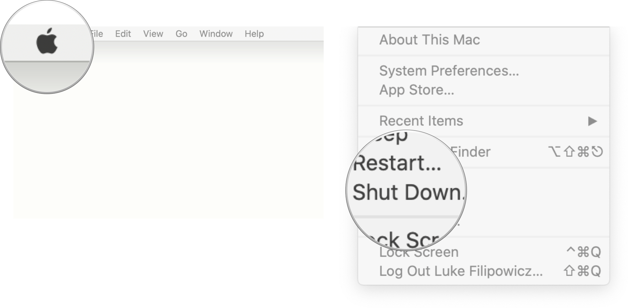 Shutting down a Mac: Click the Apple Menu and then Click Shut Down