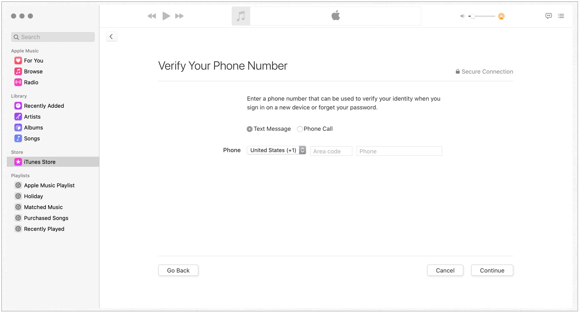 Choose Text Message or Phone Call as your verification option, add your phone number and then click Continue.