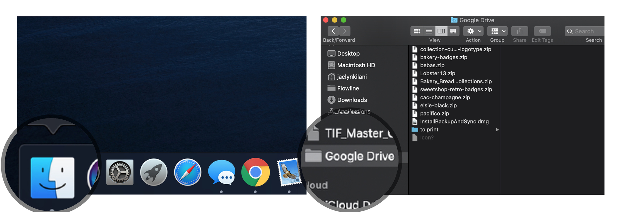 Move data: Open finder, locate Google Drive folder in sidebar.