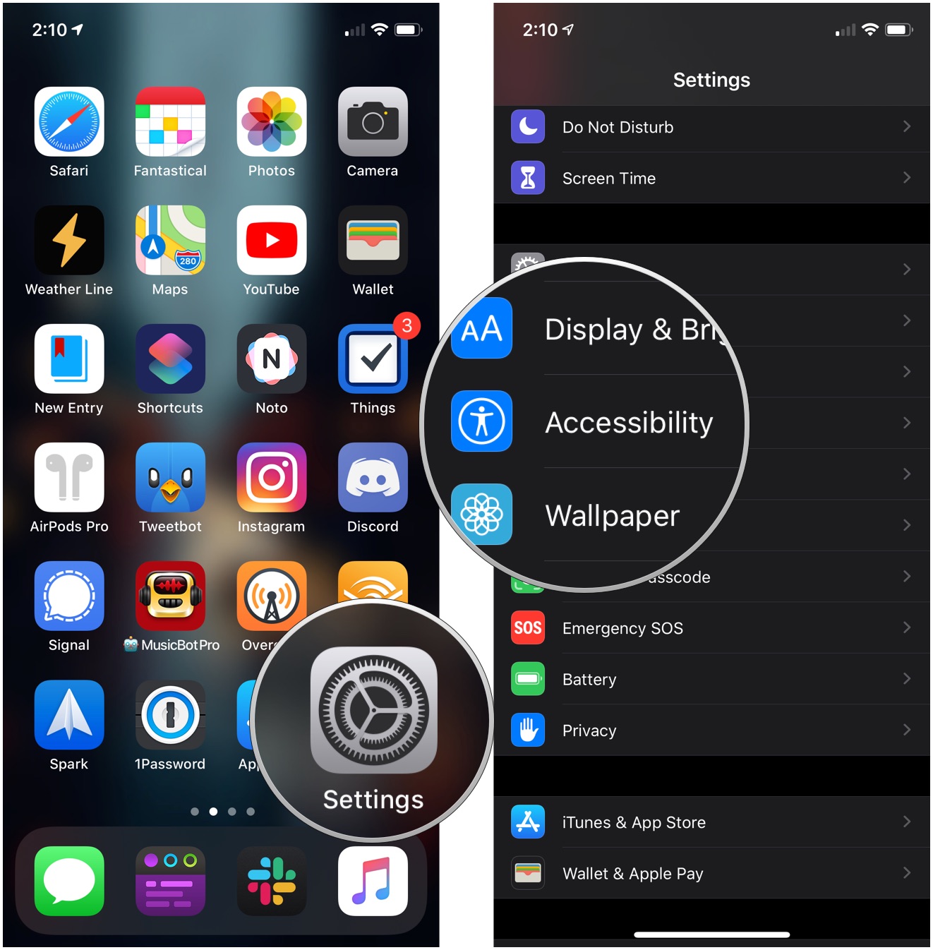Make text bold showing how to open Settings on your iPhone, then tap Accessibility