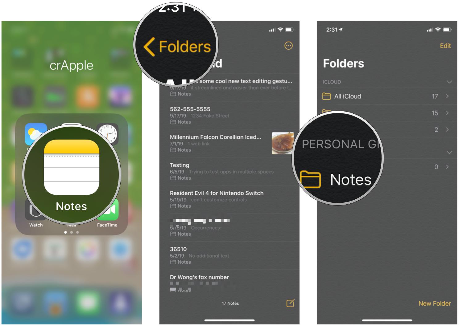 How to sync Notes for iPhone and iPad by showing opening Notes, selecting Folders to go back, then select your account for Notes