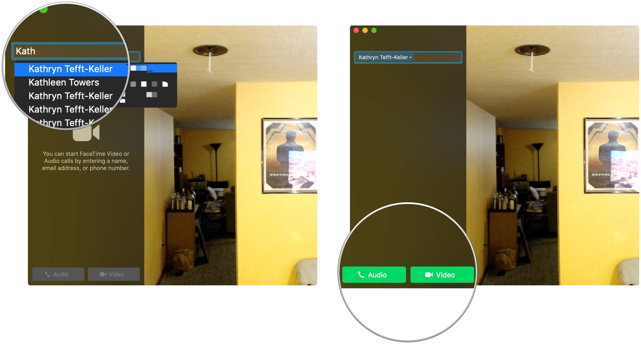 Place a FaceTime call, showing how to enter a name, number, or email address, then how to click Audio or Video
