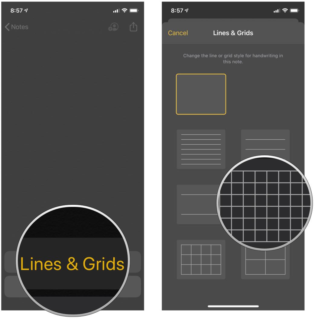 Access Lines and Grids from a new note in Notes on iPhone and iPad by showing steps: Tap Lines & Grids, then tap the line or grid selection you want