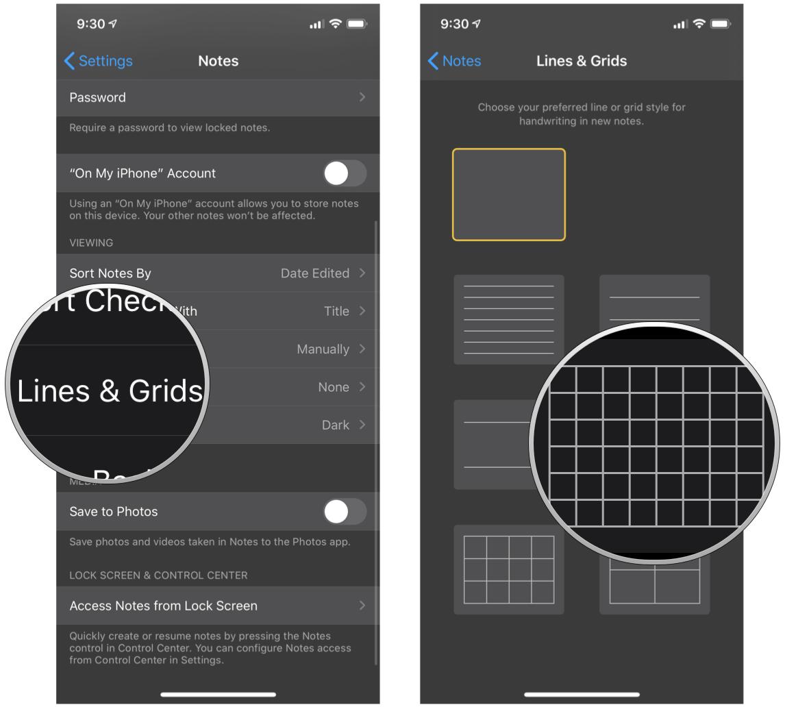 Set a line or grid as default note style in Notes on iPhone and iPad by showing steps: Tap Lines & Grids, select your preferred line or grid style for all new notes