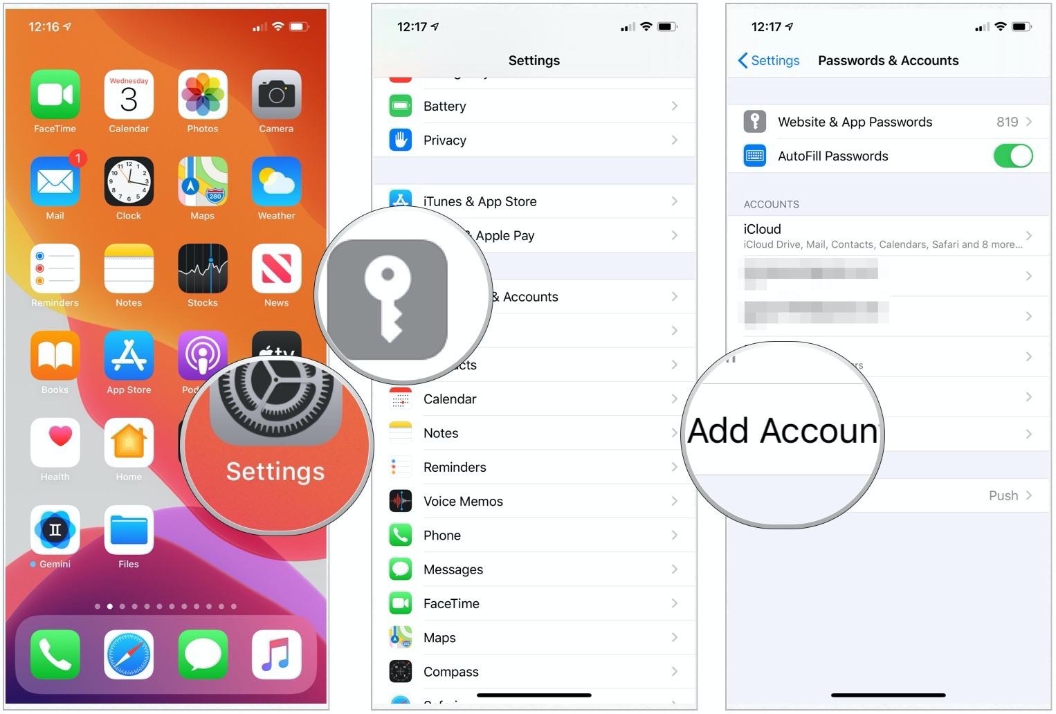 To add a new email account, choose the Settings app, tap Passwords & Accounts, then select Add Account and follow directions.