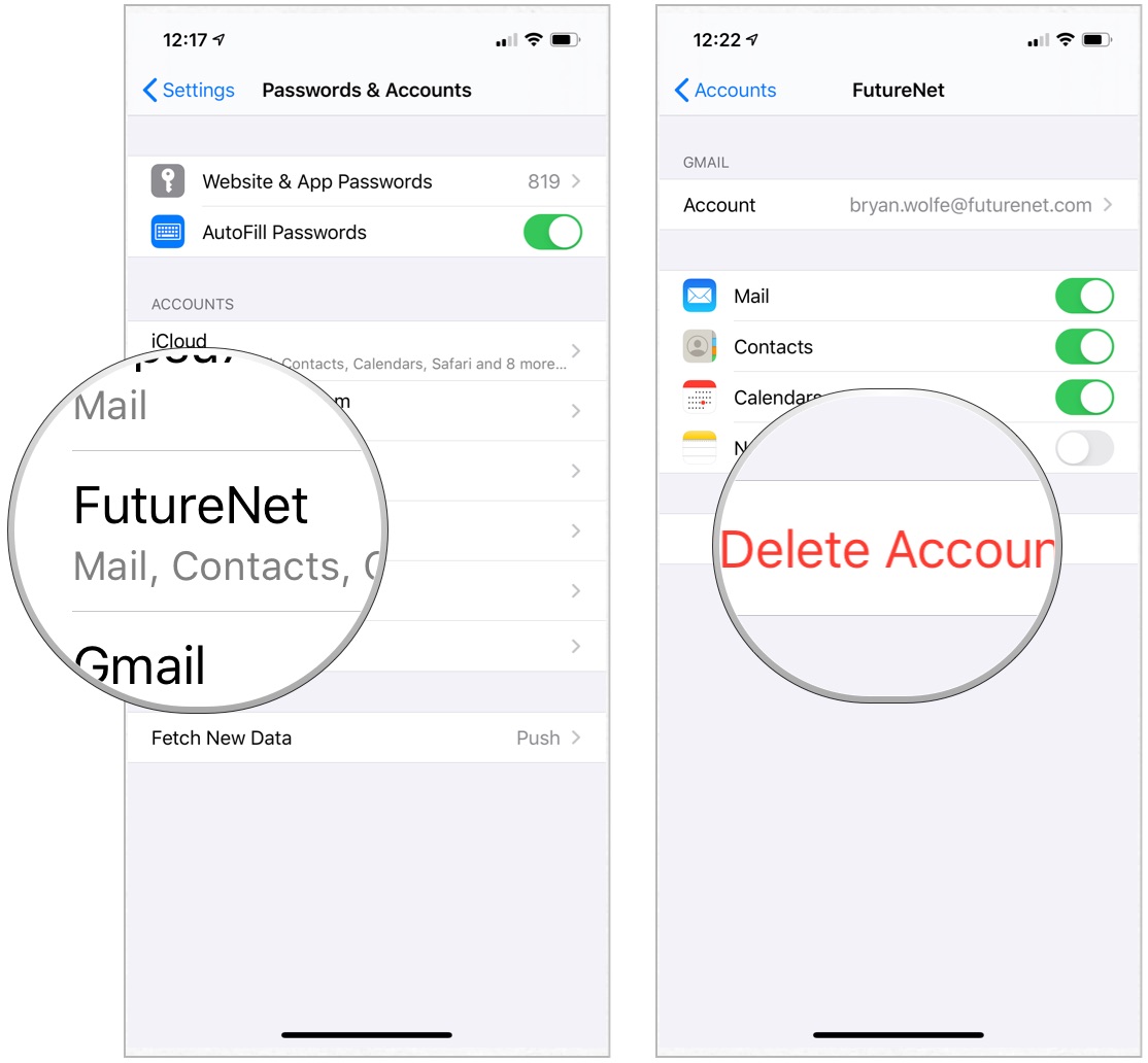 To delete a problem email account, tap email account, then select delete account twice.
