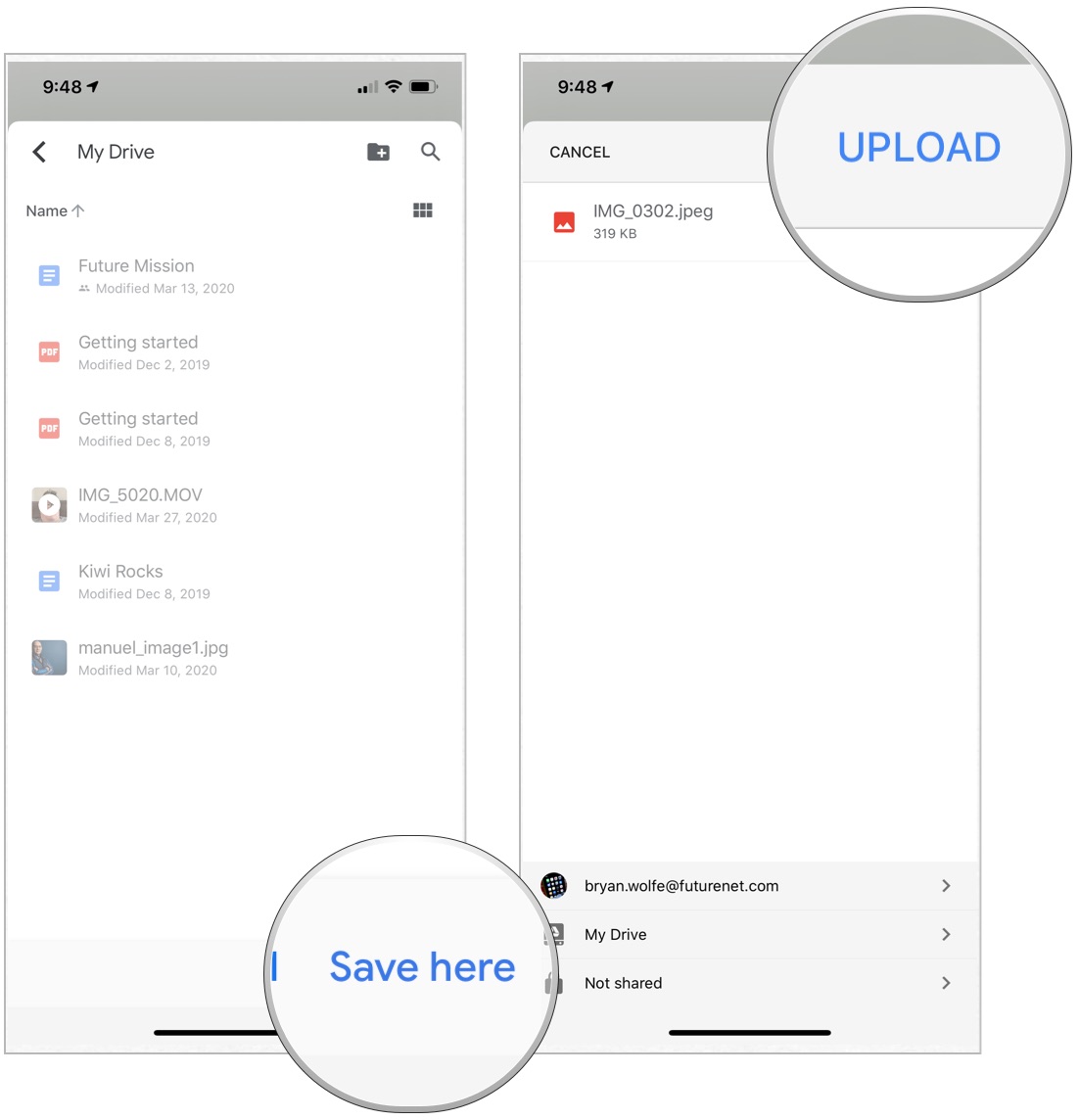 To save your attachment to Google Drive, choose Save Here. Then select Upload