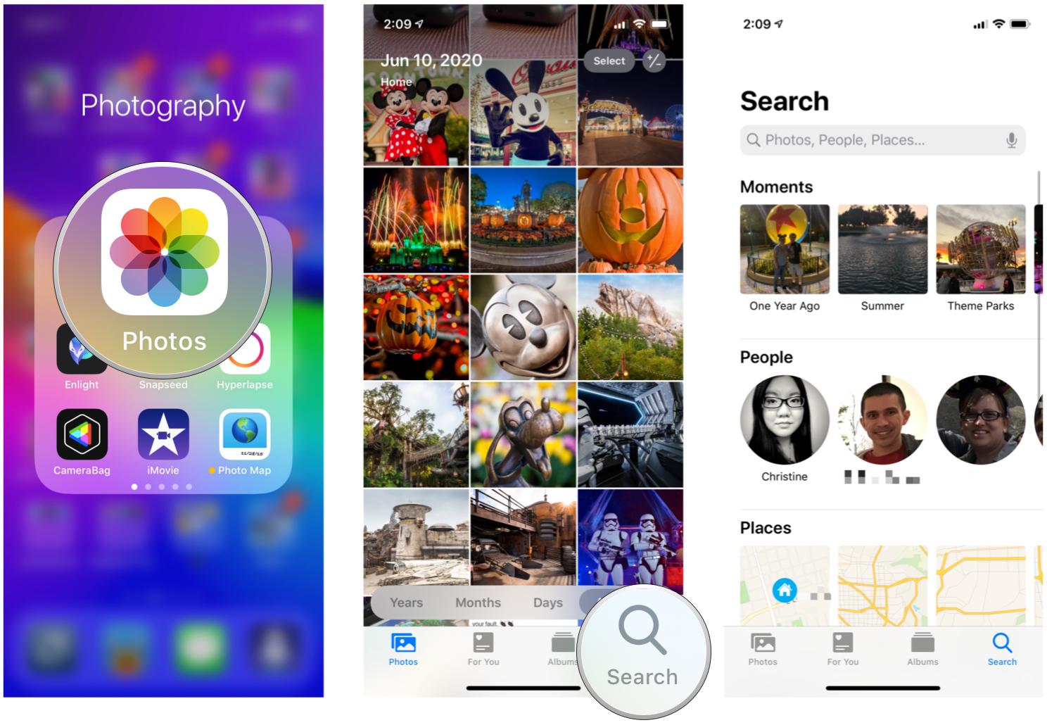 How to search for photos in the Photos app on iPhone and iPad by showing steps: Launch Photos, tap Search, and then browse