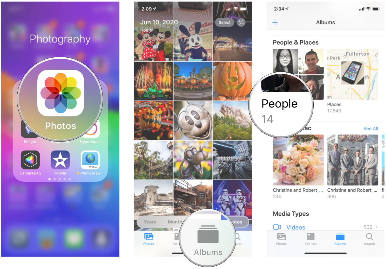 Add names to people in the Photos app on iPhone and iPad by showing steps: Launch Photos, tap Albums, tap the People album