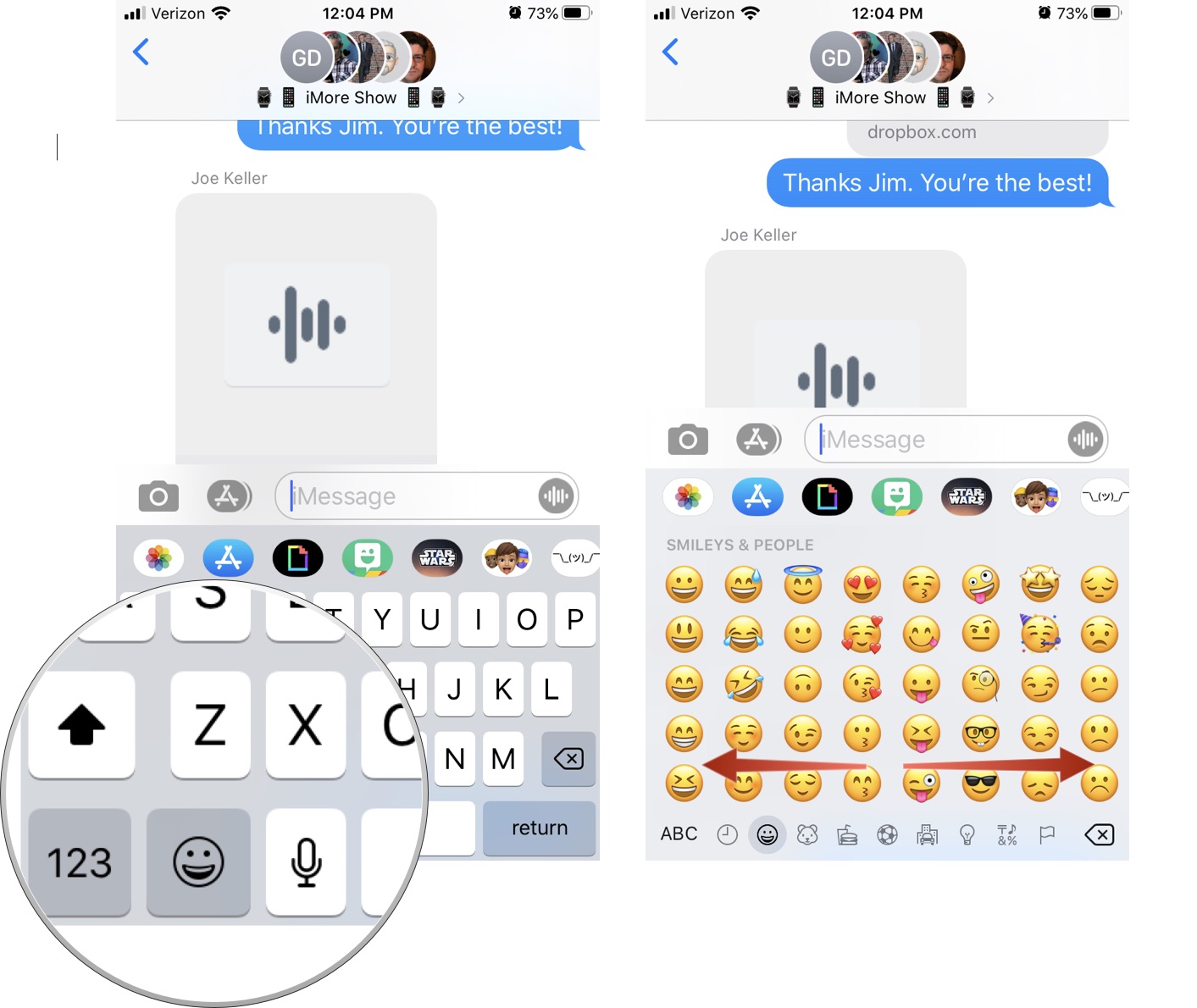 Selecting Emoji on iPhone showing the steps to tap the emoji picker and then swipe left or right to pick the emoji you want