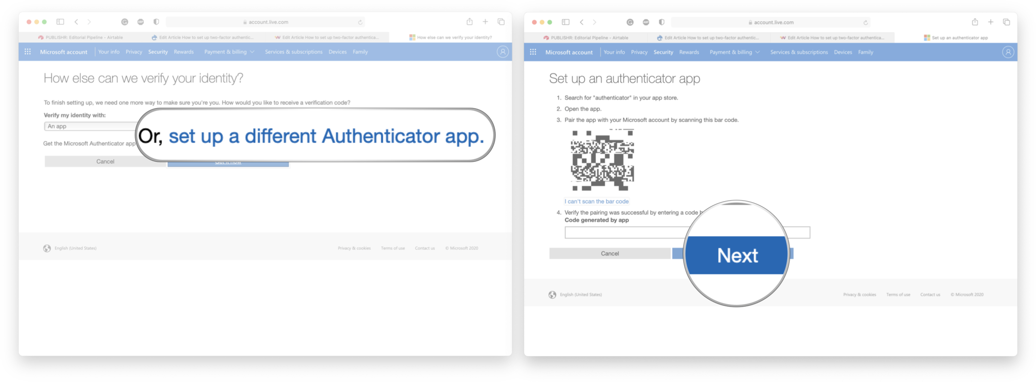 Set Up Authenticator App On Microsoft Account: Click set up with a different authenticator app and then follow the instructions. Click next when completed. 