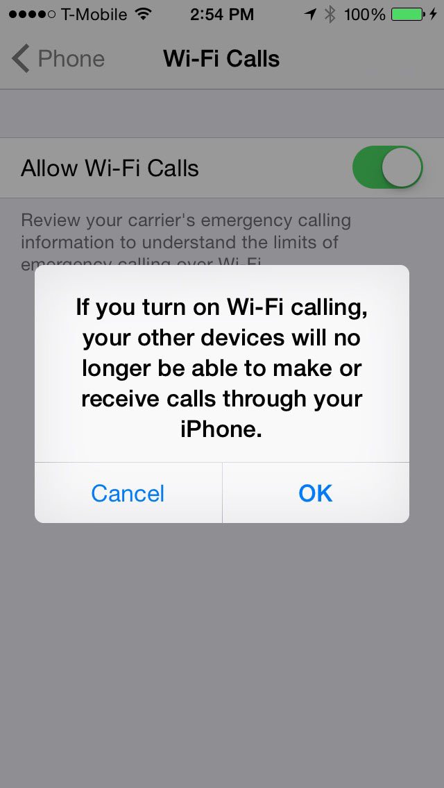 Wi-Fi calling warning
