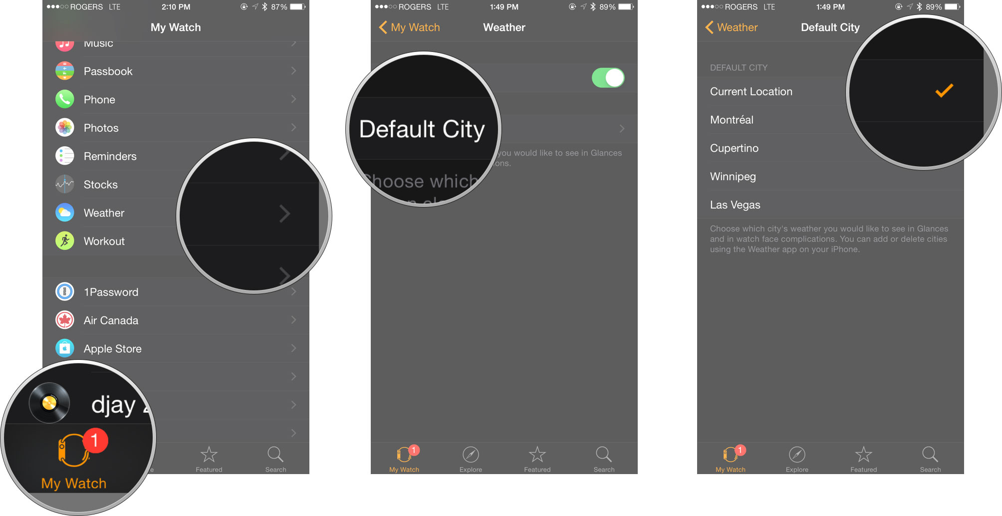 Open the Apple Watch app, tap My Watch, tap Weather, tap Default City, tap Current Location.
