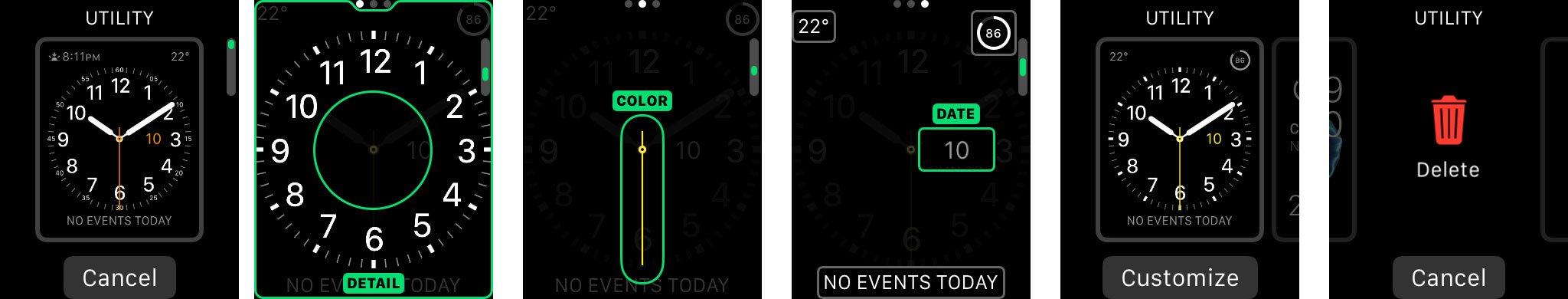 Adding a new clock face version, customizing details, color, and complications, and trashing it