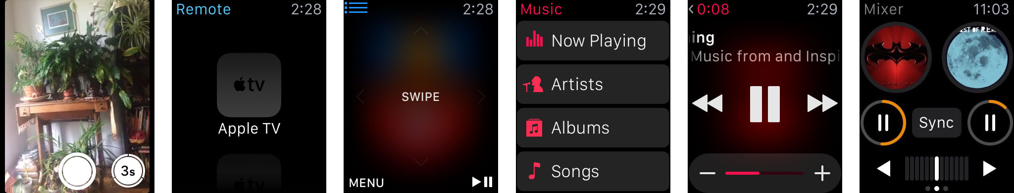 Camera Remote, Apple Remote, Music app, djay for Apple Watch