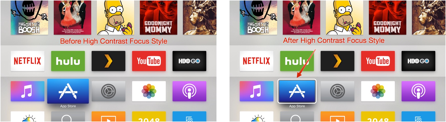 Сравнение высококонтрастного стиля фокусировки на Apple TV