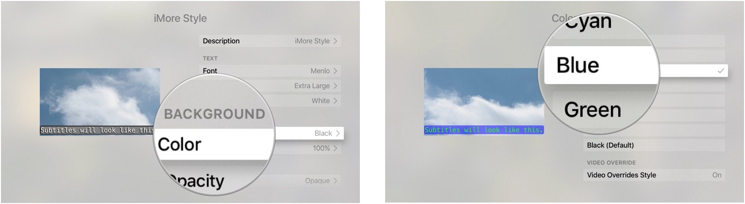 Выбор цвета фона для скрытых субтитров на Apple TV