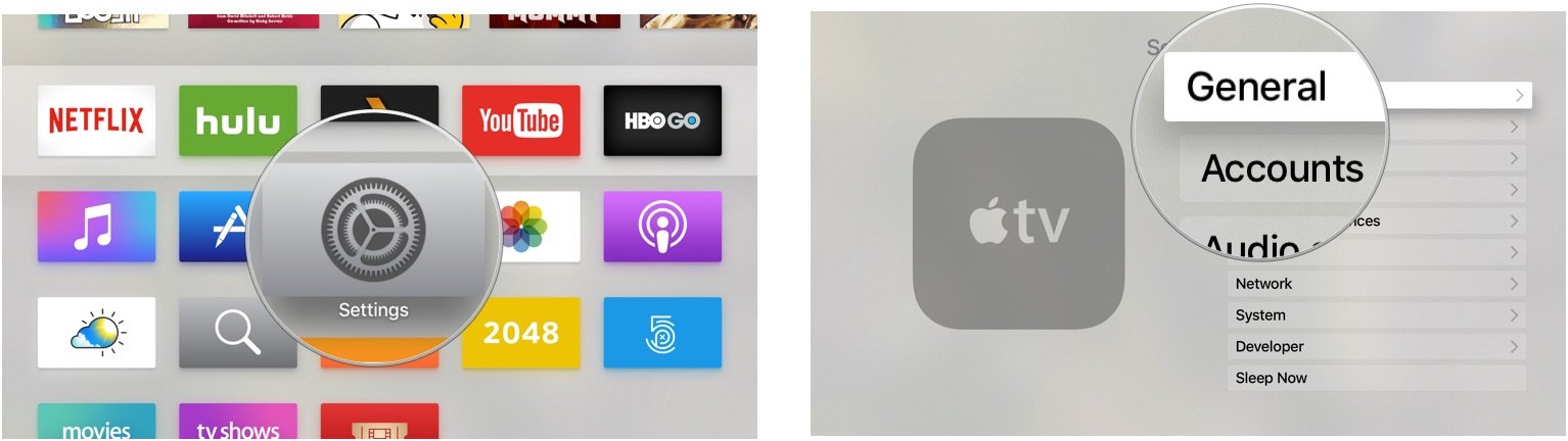 Настройки и общее меню на Apple TV