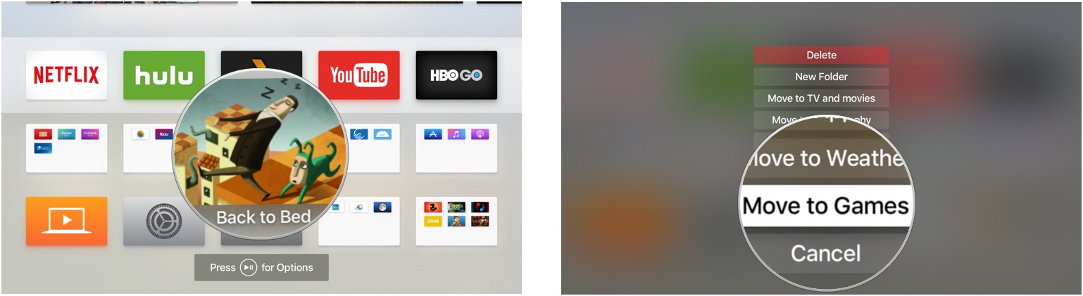 Перемещение приложения в существующую папку в режиме покачивания на Apple TV