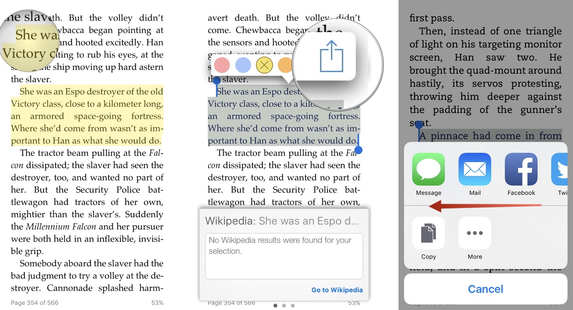 Sharing a passage of text in Kindle app