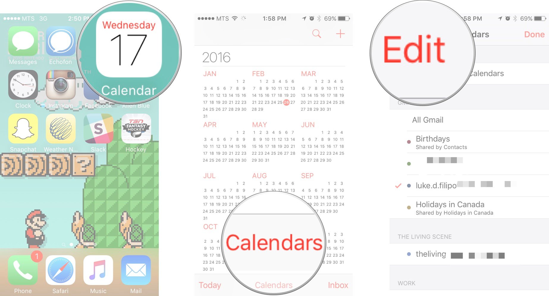 Launch the Calendar, tap on the Calendars button, and tap on the edit button.