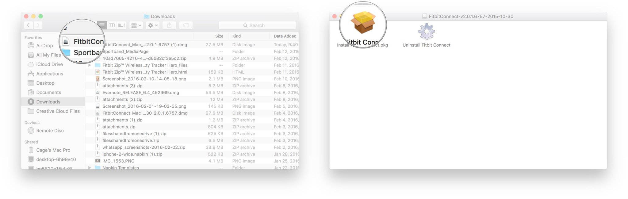 The Fitbit Connect App file in a finder window and The Fitbit Connect App.pkg file in Finder.