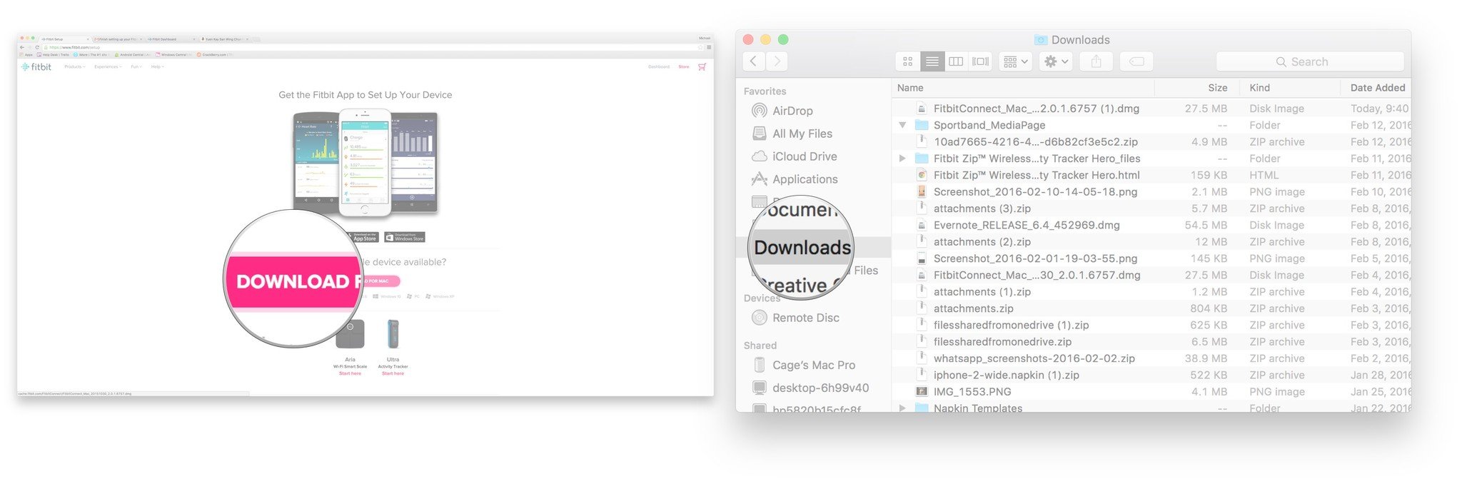 The Download button for the Fitbit Connect app for Mac and the Downloads folder in the Finder Window on Mac.
