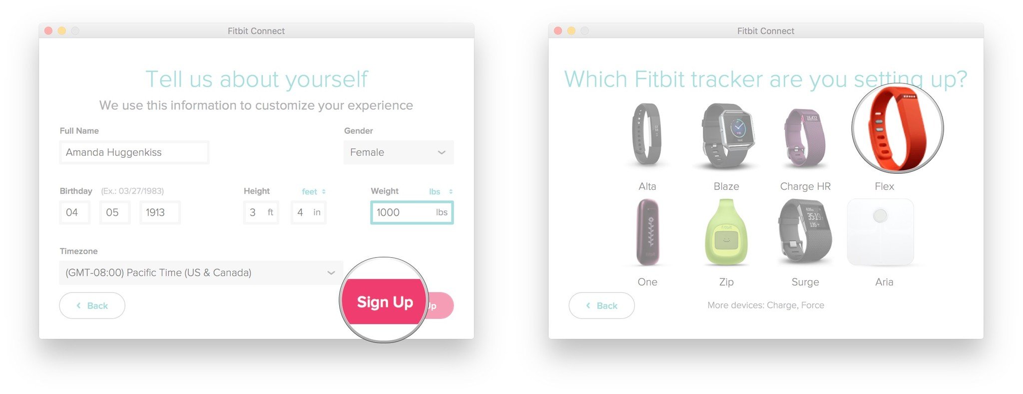 Fitbit personal information screen and Select Fitbit tracker screen.