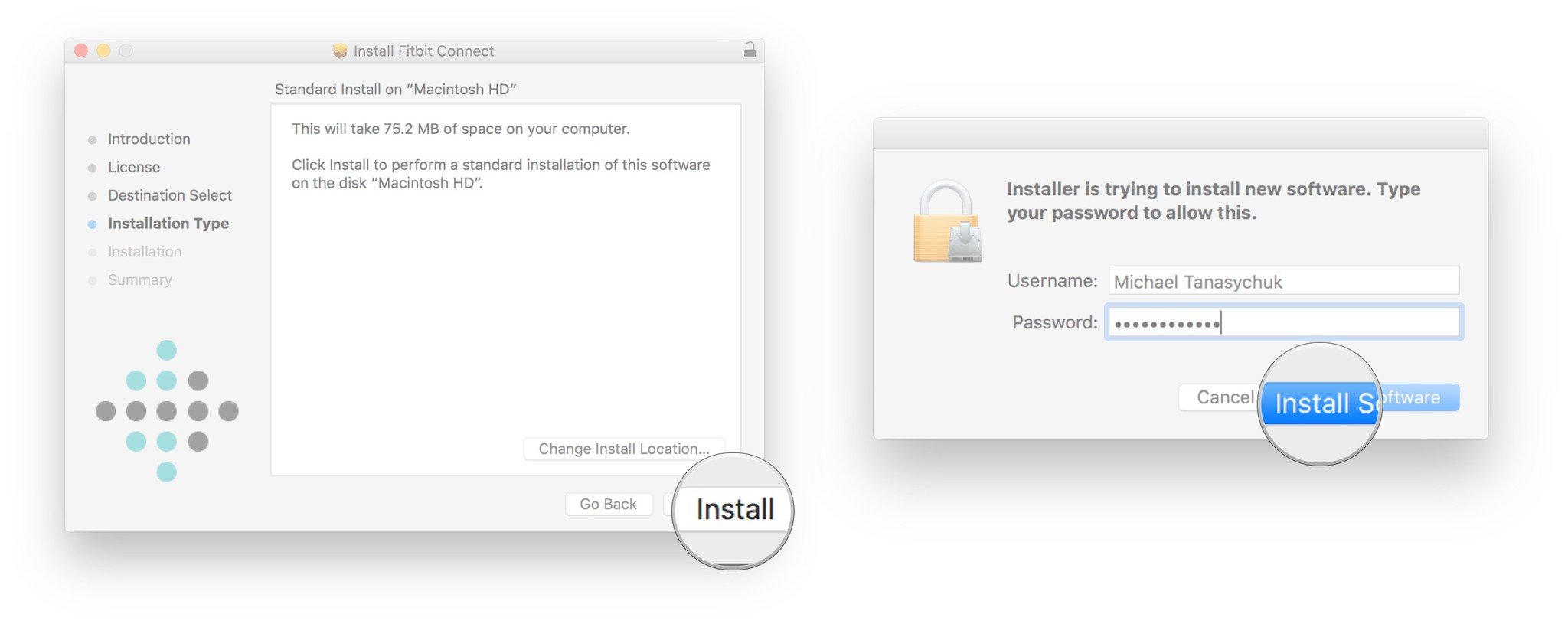 Installation type slection screen and password confirmation to install software