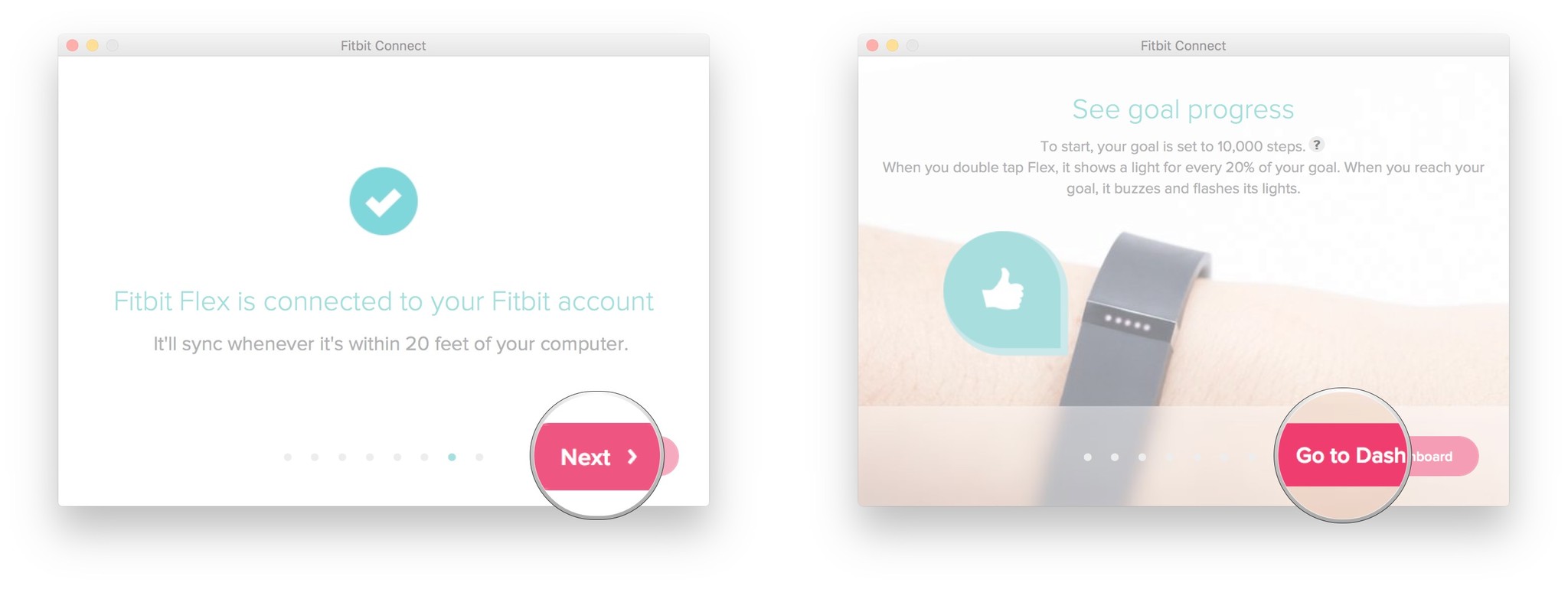 Fitbit connection confirmed screen and button to Fitbit Dashboard