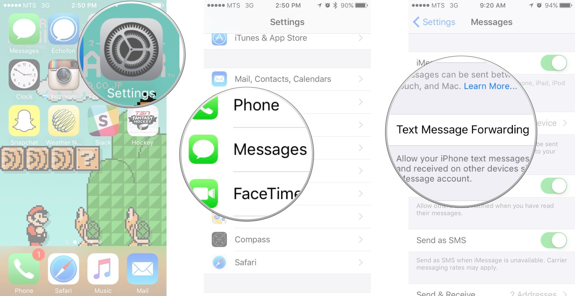 Launch the Setting app, tap on Messages, and then tap on Text Message Forwarding.