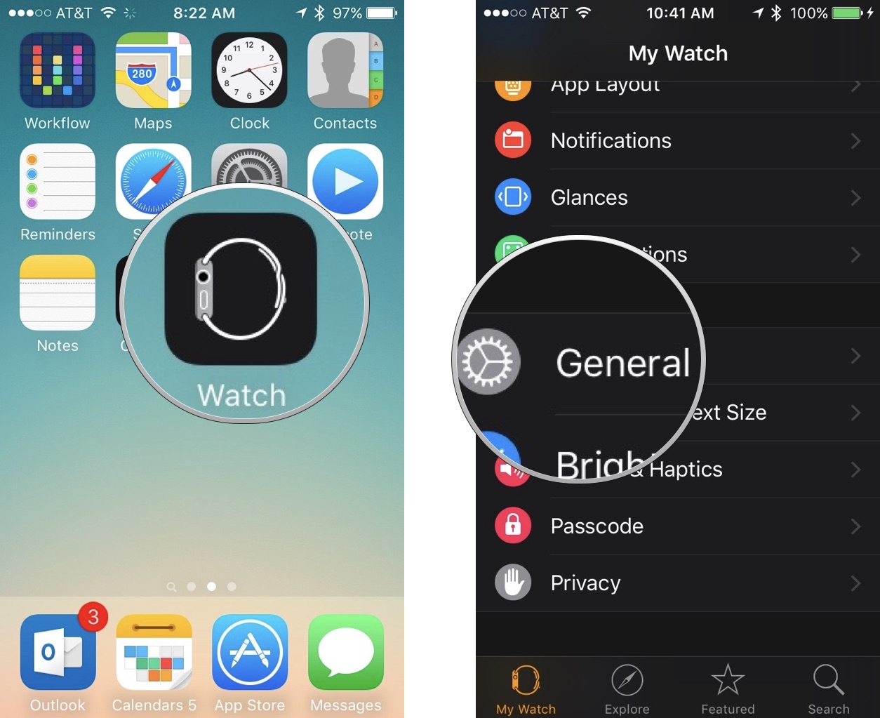 Открытие приложения Watch на iPhone