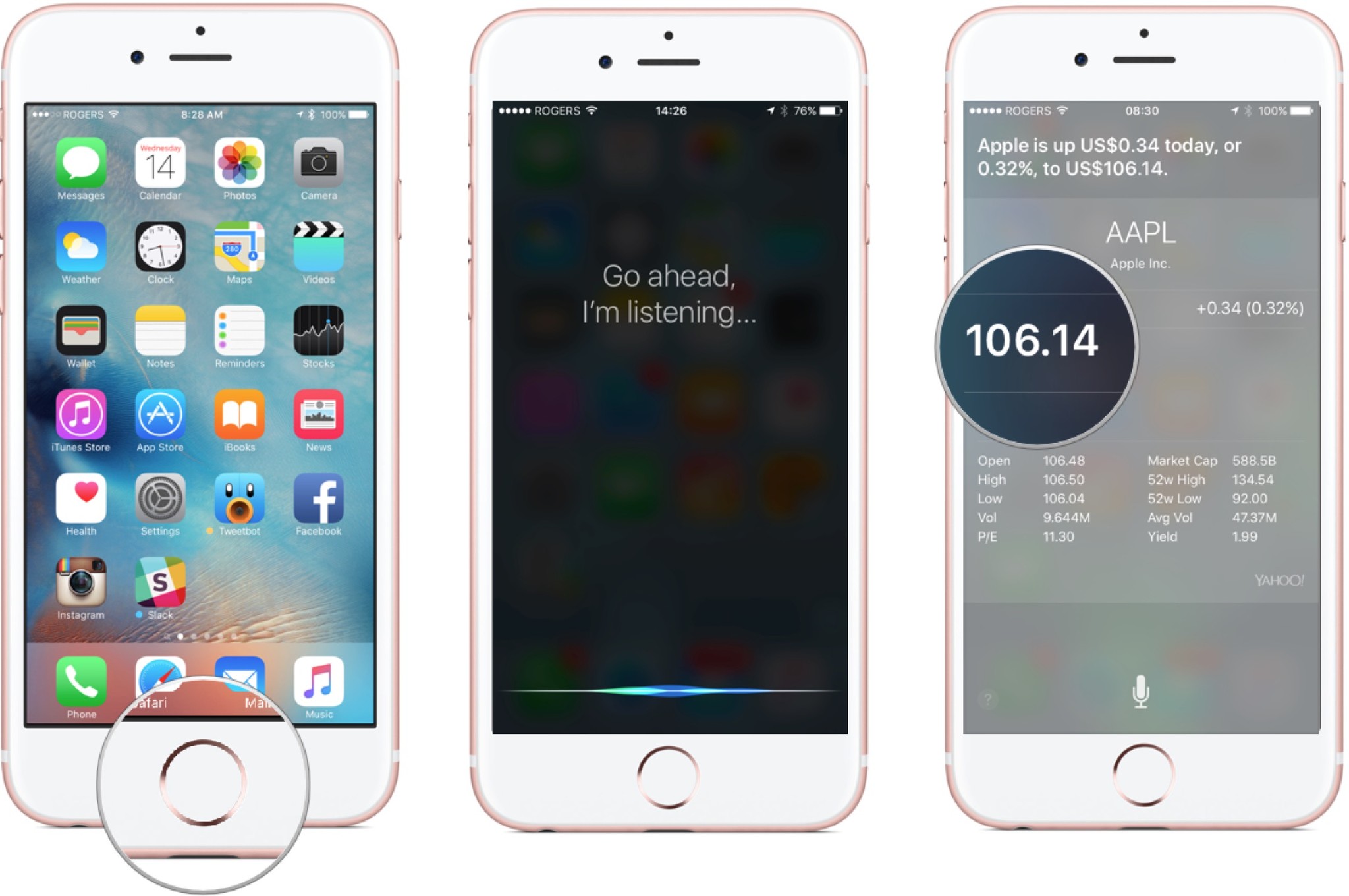 Hold down the Home button, ask Siri about a specific stock, tap on the widget to go to the app.