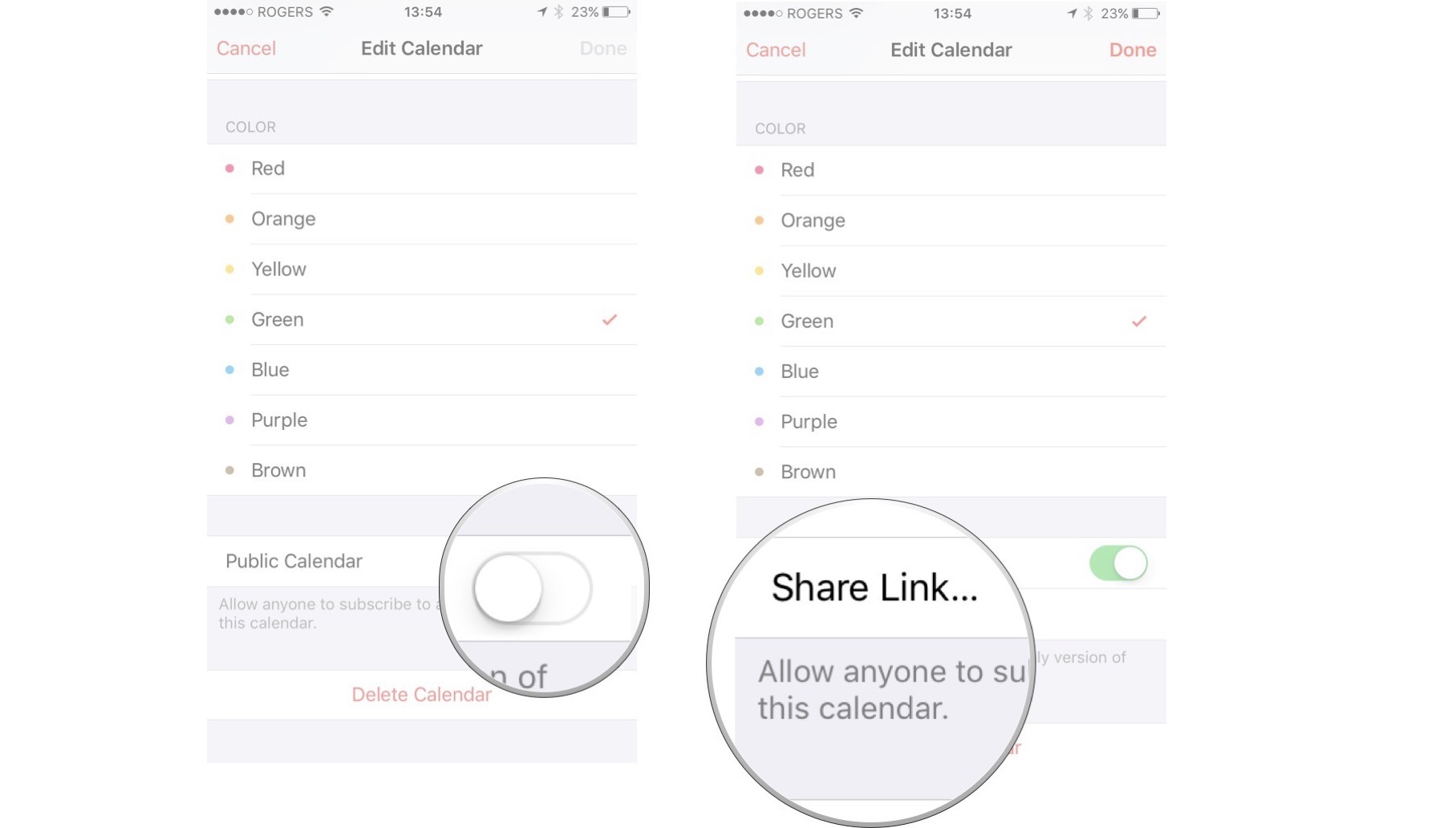Make an iCloud calendar public on iPhone or iPad by showing: turn on public calendar, tap on share link.