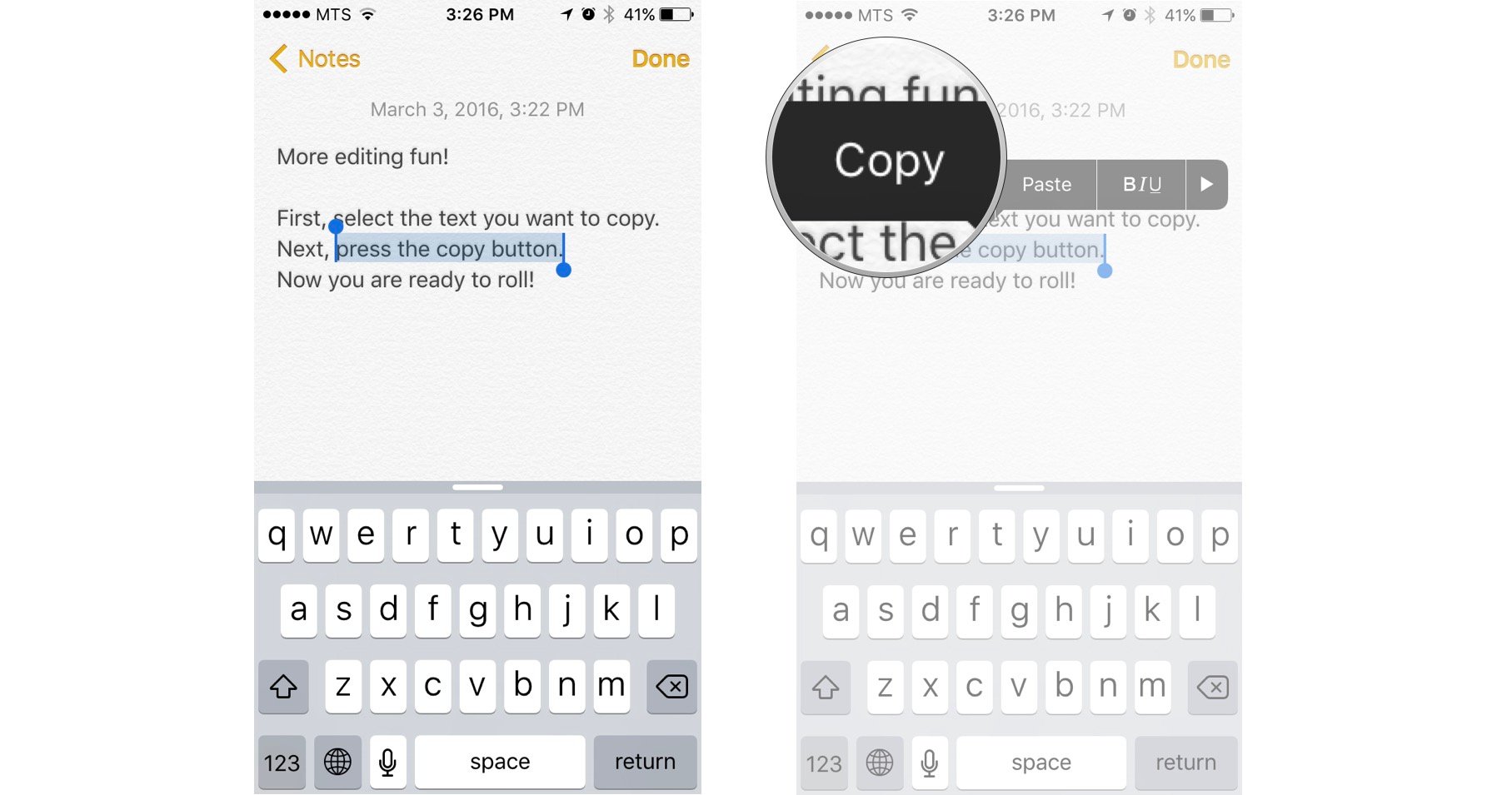 Select the text you want to copy and then tap the copy button one the menu bar above.