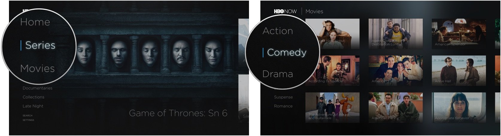 Поиск категорий в HBO Now на Apple TV