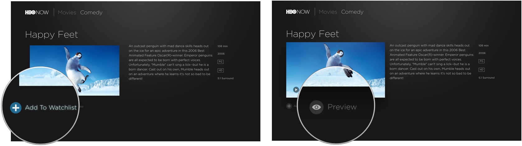 Selecting a preview in HBO Now on Apple TV