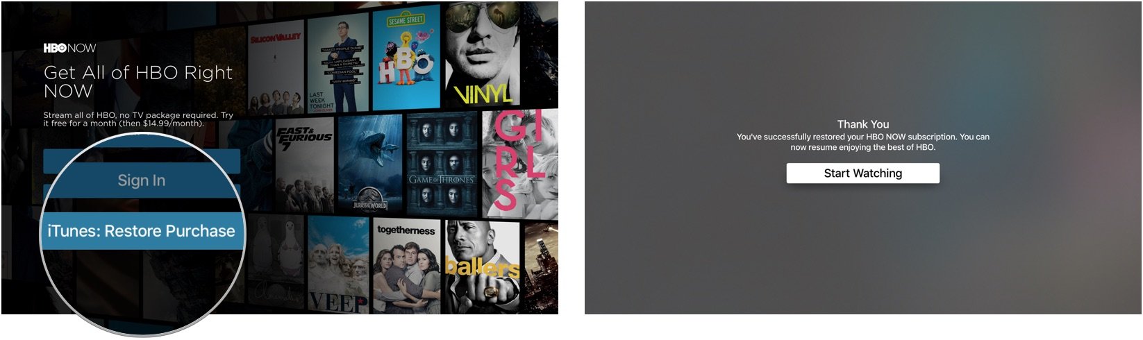 Восстановление покупки в HBO Now на Apple TV