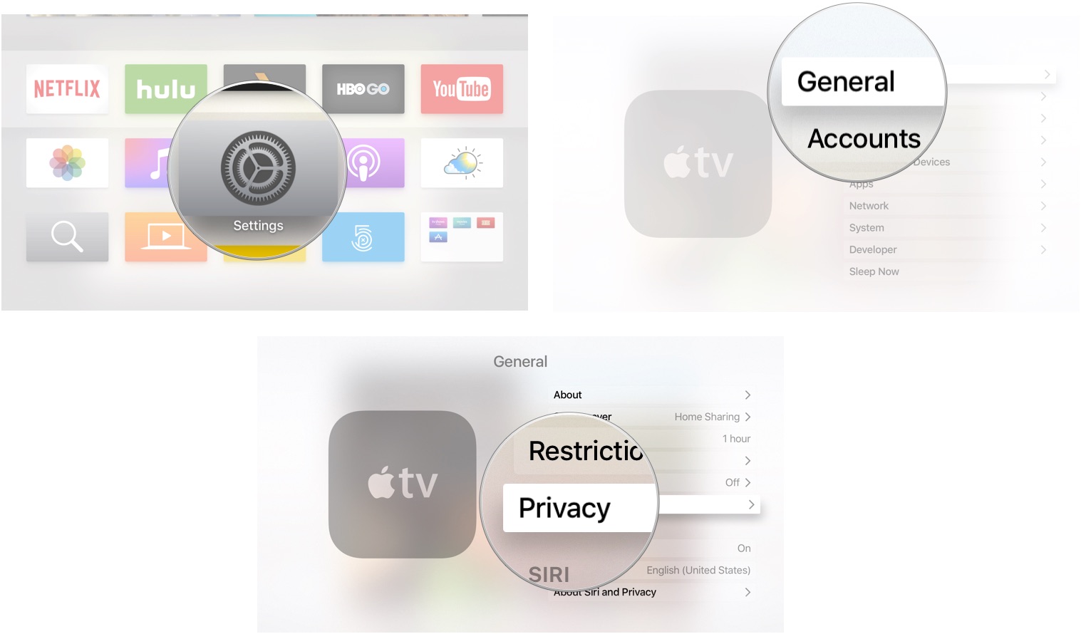 Открытие приложения настроек на Apple TV