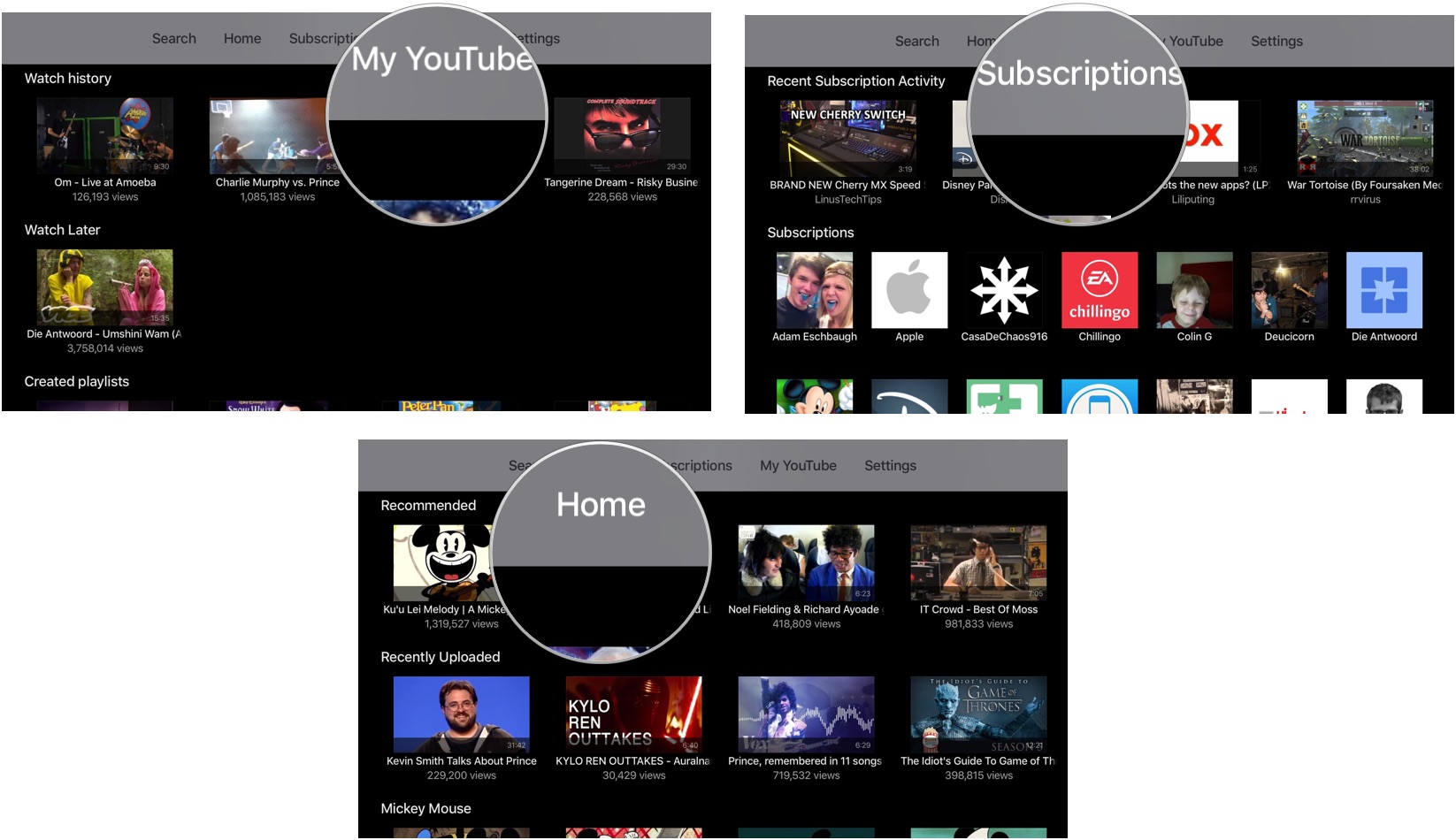 My YouTube, Subscriptions, and Home in YouTube on Apple TV