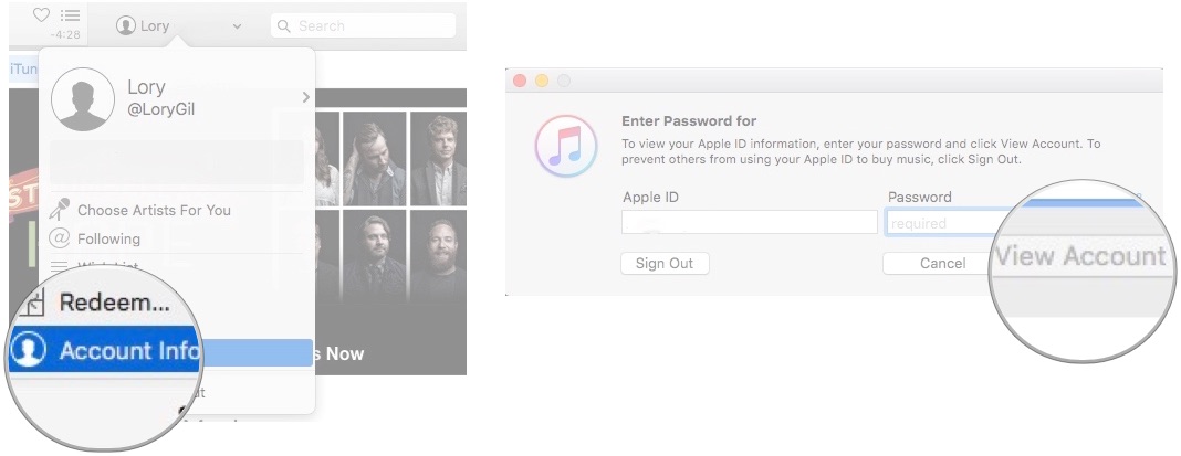 Доступ к учетной записи в iTunes на Mac