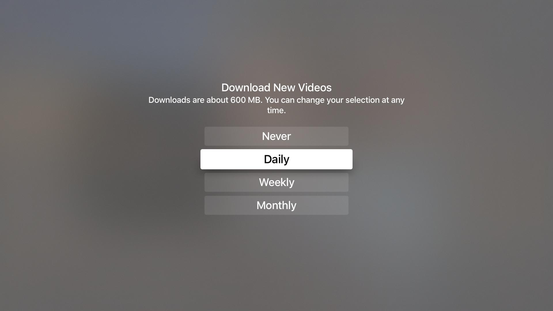 selecting how often aerial videos download on Apple TV