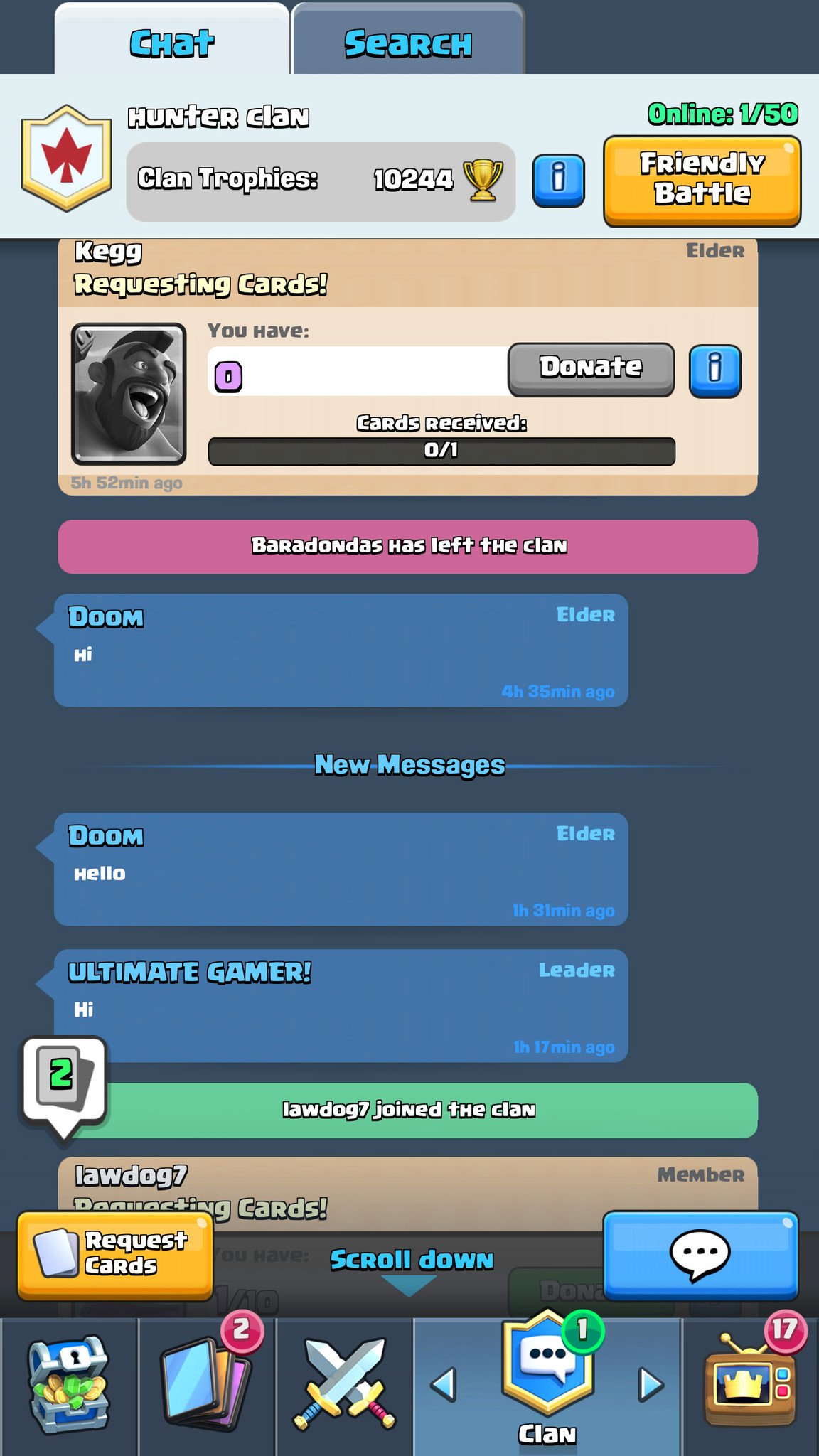 Clans are a good place to learn strategies, request cards, and level up by donating cards to Clanmates