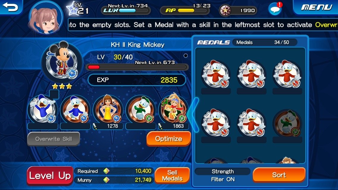Leveling up medals in Kingdom Hearts Unchained X