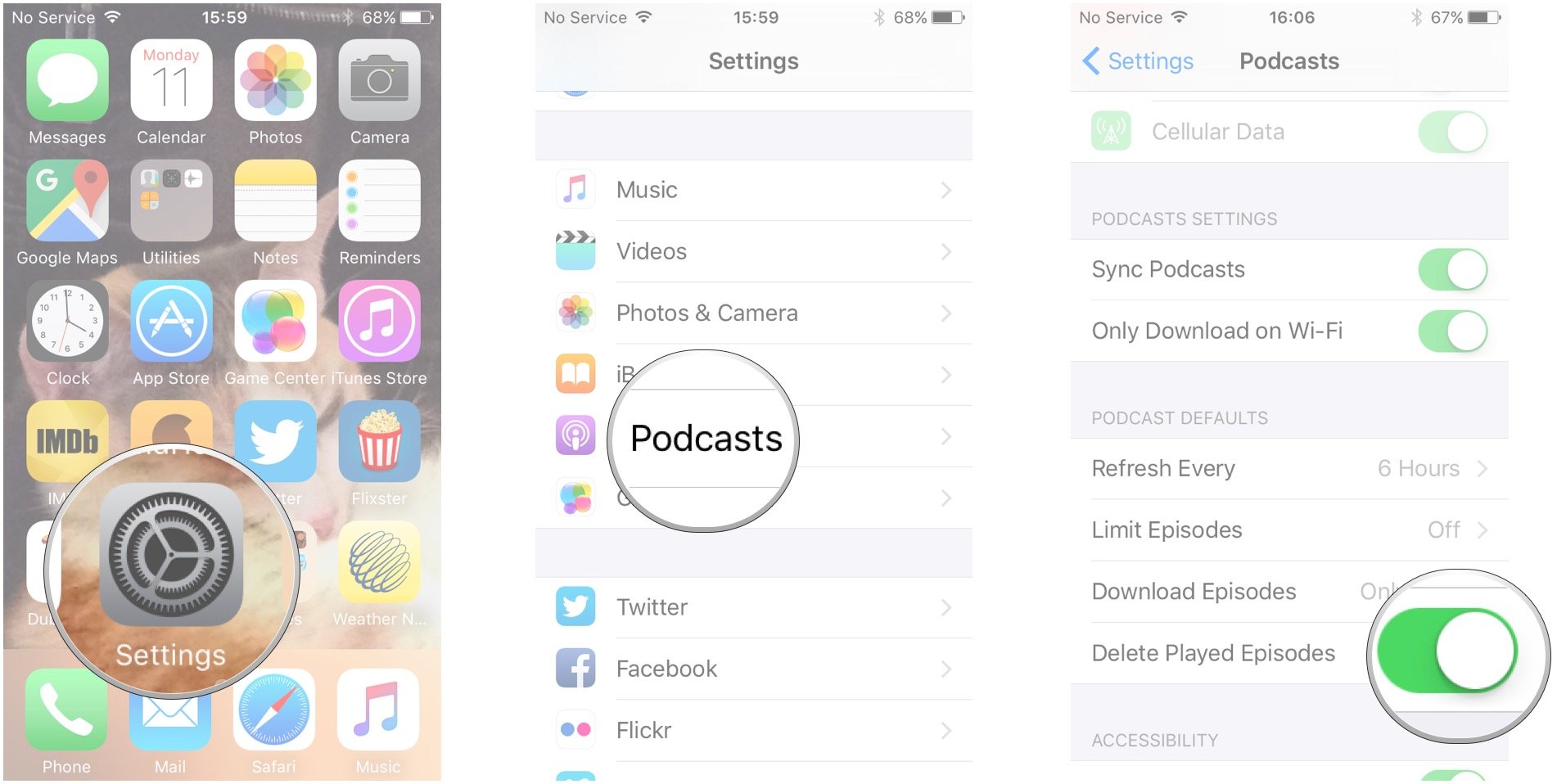 Launch the Settings app, tap Podcasts, tap the switch next to Delete Played Episodes to turn it off
