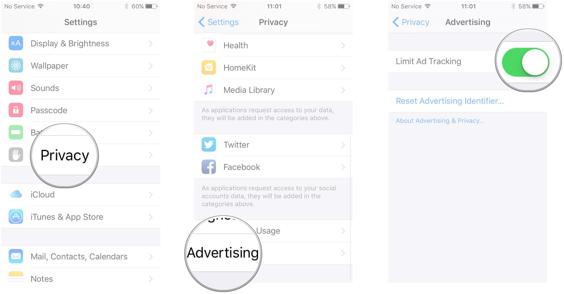 Tap Privacy, tap Advertising, tap the switch to Limit Ad Tracking