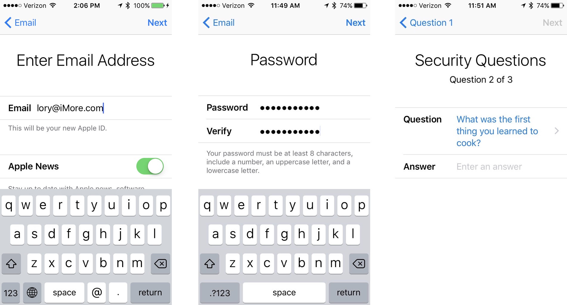 Entering security questions for new Apple ID on iPhone