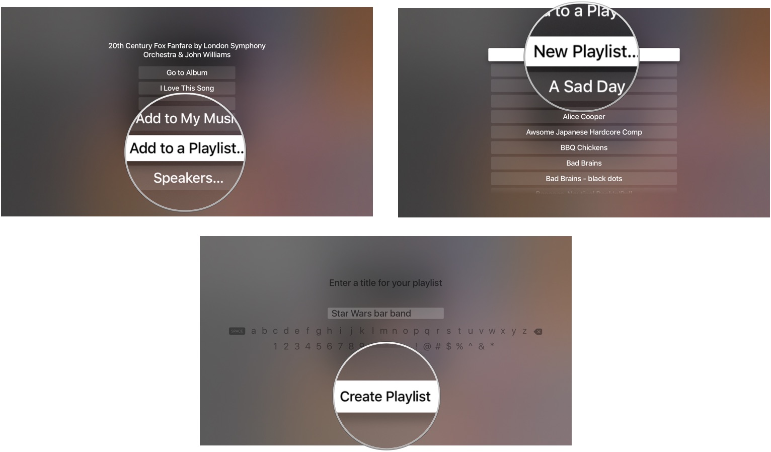 Creating a new playlist in the Music app on Apple TV