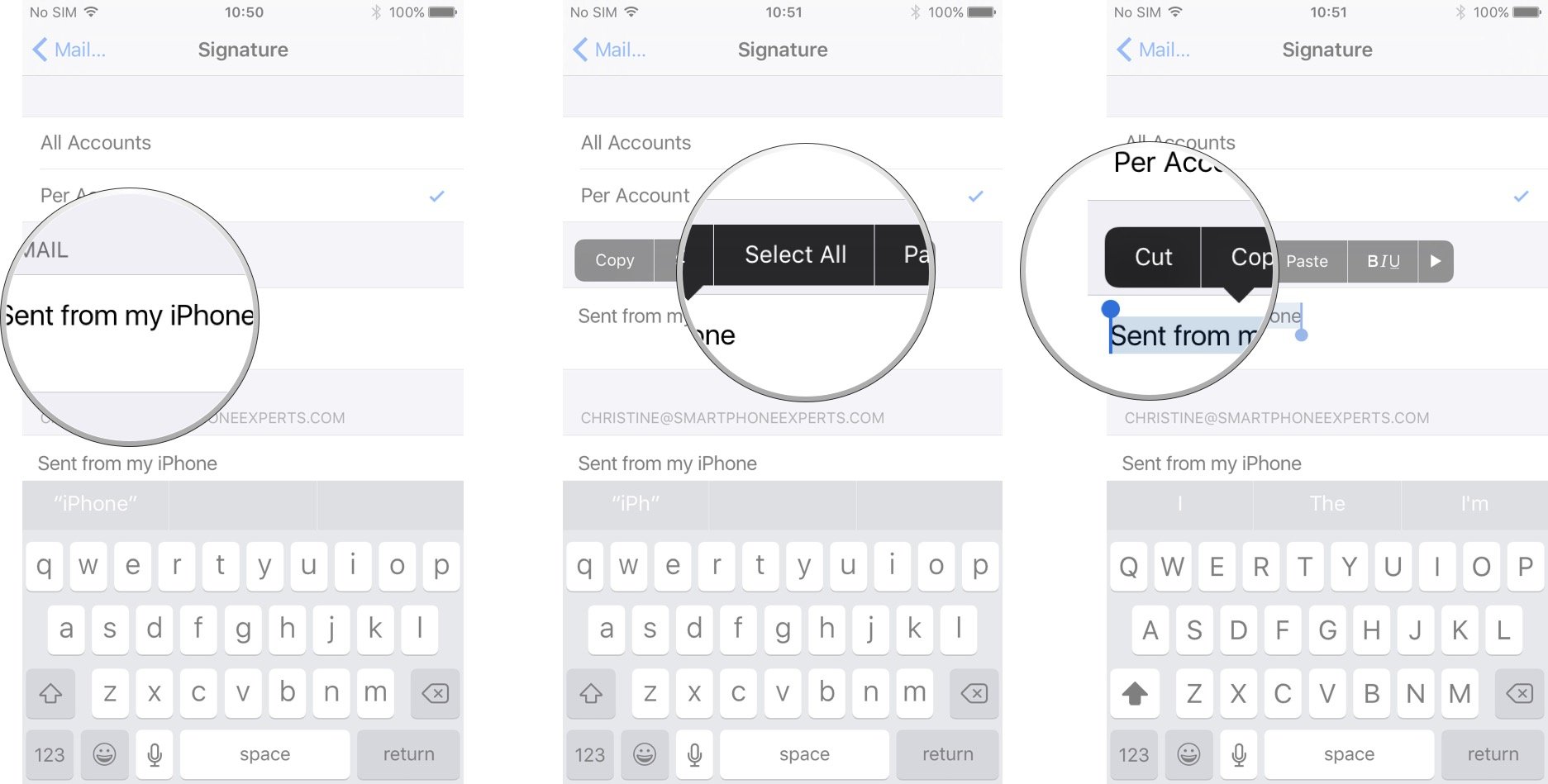 Tap and hold default signature, tap Select All, tap Cut